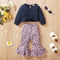 2pcs Baby Girl Solid Long-sleeve Ruched Top and Leopard Flared Pants Set Blue
