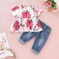 2pcs Baby Girl 95% Cotton Denim Ripped Jeans and Floral Print Short-sleeve Top Set Multi-color