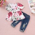 2pcs Baby Girl 95% Cotton Denim Ripped Jeans and Floral Print Short-sleeve Top Set Multi-color image 1