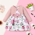 2pcs Baby Girl Pink Textured Long-sleeve Cardigan and Floral Print Sleeveless Dress Set Pink
