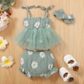 100% Cotton Crepe 3pcs Baby Girl Daisy Floral Print Spaghetti Strap Mesh Top and Shorts with Headband Set Light Green
