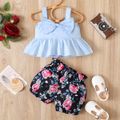 2pcs Baby Girl Sleeveless Bowknot Peplum Top and Floral Print Shorts Set Light Blue