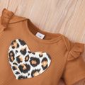 3pcs Baby Girl Leopard Love Heart Print Ruffle Short-sleeve Romper and Flared Pants with Headband Set Brown