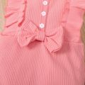 2pcs Baby Girl 95% Cotton Ribbed Sleeveless Ruffle Bowknot Button Up Jumpsuit with Headband Set Pink