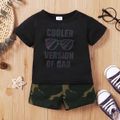 2pcs Baby Boy 95% Cotton Camouflage Shorts and Letter Print Short-sleeve T-shirt Set Black