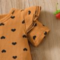 Baby Girl 95% Cotton Ribbed Ruffle Short-sleeve Allover Love Heart Print Romper Khaki