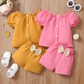 2pcs Baby Girl Button Design Short Puff-sleeve Top and Bowknot Shorts Set Pink image 3