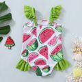 Baby Girl Allover Watermelon Print Ruffle Spaghetti Strap One-Piece Swimsuit Multi-color