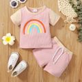 2pcs Baby Girl Rainbow Print Ribbed Short-sleeve Top and Shorts Set Pink image 1