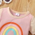 2pcs Baby Girl Rainbow Print Ribbed Short-sleeve Top and Shorts Set Pink image 3
