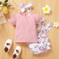 3pcs Baby Girl 100% Cotton Crepe Puff-sleeve Top and Cartoon Elephant Print Layered Suspender Skirt with Headband Set Pink