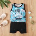 2pcs Baby Boy Letter Print Camouflage Sleeveless Tank Top and Ripped Shorts Set Multi-color