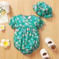 2pcs Baby Girl All Over Floral Print Green Puff-sleeve Romper with Hat Set Green