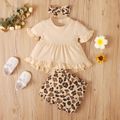 3pcs Baby Girl Apricot Ruffled Short-sleeve Top and Leopard Shorts with Headband Set Apricot