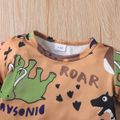 2pcs Baby Boy Cartoon Dinosaur and Letter Print Short-sleeve T-shirt and Ripped Shorts Set Brown