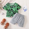 2pcs Baby Boy Allover Comics Print Short-sleeve T-shirt and Solid Shorts Set Green