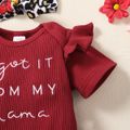 3pcs Baby Girl 95% Cotton Ribbed Ruffle Short-sleeve Letter Embroidered Romper and Floral Leopard Pants with Headband Set Burgundy