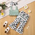 3pcs Baby Girl Shirred Spaghetti Strap Crop Top and Leopard Flared Pants with Headband Set Green