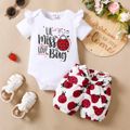 2pcs Baby Girl Cotton Ruffle Short-sleeve Letter and Ladybug Print Romper and Shorts Set White image 1