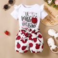 2pcs Baby Girl Cotton Ruffle Short-sleeve Letter and Ladybug Print Romper and Shorts Set White image 3