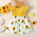 Baby Girl Yellow Ribbed Bowknot Ruffle Flutter-sleeve Splicing Sunflower Floral Print Dress Yellow image 1