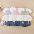 2pcs Baby Girl 95% Cotton Ripped Denim Shorts and Plaid Splicing Peter Pan Collar Puff-sleeve Button Up Top Set Pink image 1