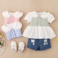 2pcs Baby Girl 95% Cotton Ripped Denim Shorts and Plaid Splicing Peter Pan Collar Puff-sleeve Button Up Top Set Pink image 2