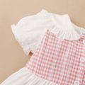 2pcs Baby Girl 95% Cotton Ripped Denim Shorts and Plaid Splicing Peter Pan Collar Puff-sleeve Button Up Top Set Pink image 3
