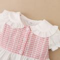 2pcs Baby Girl 95% Cotton Ripped Denim Shorts and Plaid Splicing Peter Pan Collar Puff-sleeve Button Up Top Set Pink image 5