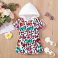 2pcs Baby Girl All Over Graffiti Letter Print Short-sleeve Hooded Top and Skirt Set Colorful