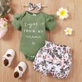 3pcs Baby Girl 95% Cotton Ribbed Ruffle Short-sleeve Letter Embroidered Romper and Allover Floral Print Shorts with Headband Set Army green image 1
