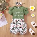 3pcs Baby Girl 95% Cotton Ribbed Ruffle Short-sleeve Letter Embroidered Romper and Allover Floral Print Shorts with Headband Set Army green image 3