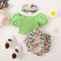 3pcs Baby Girl Bow Front Puff-sleeve Shirred Top and Allover Floral Print Shorts with Headband Set Green