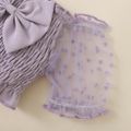 2pcs Baby Girl 95% Cotton Frayed Raw Hem Ripped Denim Shorts and Bow Front Off Shoulder Mesh Half-sleeve Shirred Crop Top Set Purple