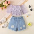 2pcs Baby Girl 95% Cotton Frayed Raw Hem Ripped Denim Shorts and Bow Front Off Shoulder Mesh Half-sleeve Shirred Crop Top Set Purple