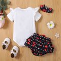 3pcs Baby Girl 95% Cotton Ruffle Short-sleeve Letter Embroidered Romper and Allover Love Heart Print Layered Shorts with Headband Set White
