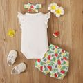 3pcs Baby Girl Lace Flutter-sleeve Cartoon Fruits Print Romper and Bow Front Shorts with Headband Set White