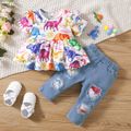 2pcs Baby Girl 95% Cotton Ripped Jeans and Allover Dinosaur Print Ruffle Short-sleeve Top Set Multi-color