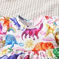 2pcs Baby Girl 95% Cotton Ripped Jeans and Allover Dinosaur Print Ruffle Short-sleeve Top Set Multi-color image 4