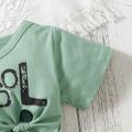 2pcs Baby Girl Letter Print Short-sleeve Self-tie Crop Top and Comics Shorts Set Green