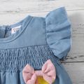 100% Cotton 3pcs Baby Girl Giraffe Embroidered Imitation Denim Flutter-sleeve Top and Layered Shorts with Headband Set Blue