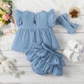 100% Cotton 3pcs Baby Girl Giraffe Embroidered Imitation Denim Flutter-sleeve Top and Layered Shorts with Headband Set Blue