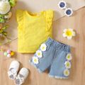 2pcs Baby Girl 100% Cotton Eyelet Embroidered Ruffle Trim Tank Top and Floral Applique Decor Frayed Denim Shorts Set Khaki