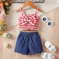 2pcs Baby Girl 95% Cotton Shorts and Gingham Bow Front Shirred Cami Top Set Red image 1