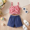 2pcs Baby Girl 95% Cotton Shorts and Gingham Bow Front Shirred Cami Top Set Red image 2