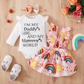 3pcs Baby Girl 95% Cotton Long-sleeve Letter Print Romper and Allover Sun & Rainbow Print Suspender Skirt with Headband Set White