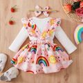 3pcs Baby Girl 95% Cotton Long-sleeve Letter Print Romper and Allover Sun & Rainbow Print Suspender Skirt with Headband Set White
