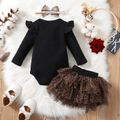 3pcs Baby Girl 95% Cotton Long-sleeve Rainbow & Letter Print Romper and Layered Leopard Mesh Skirt with Headband Set Black