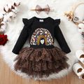3pcs Baby Girl 95% Cotton Long-sleeve Rainbow & Letter Print Romper and Layered Leopard Mesh Skirt with Headband Set Black image 3