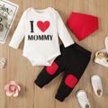 3pcs Baby Girl 95% Cotton Long-sleeve Love Heart & Letter Print Romper and Patch Detail Sweatpants with Bib Set White
